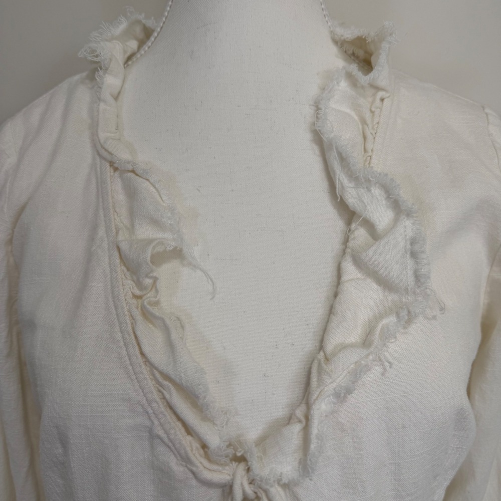 H&M Divided Ruffle Tie Front Linen Blend Blouse Size Small Cream Fairycore Boho - Picture 3 of 10